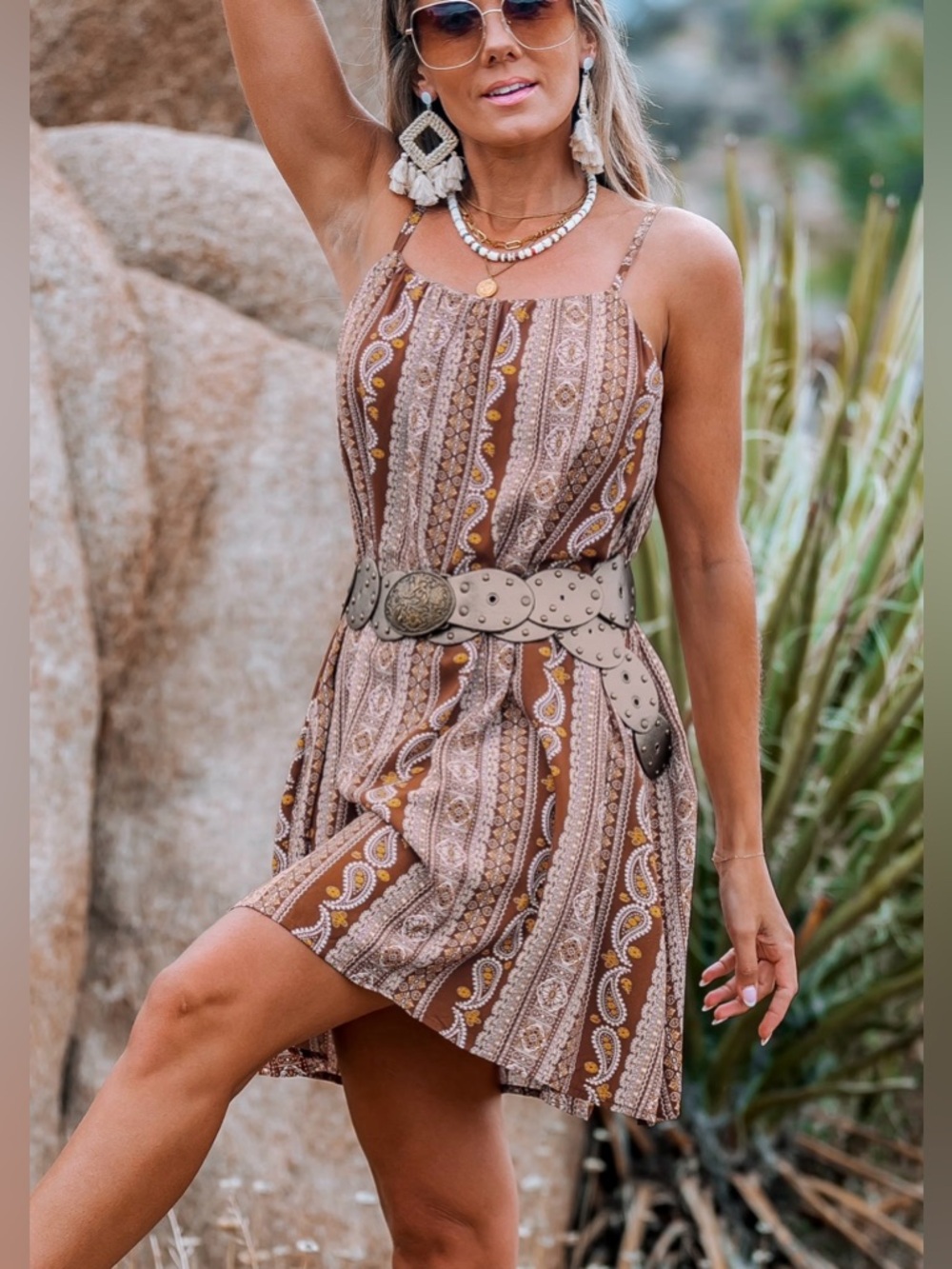 Cupshe Brown Paisley Print Bohemian Square Neck Sleeveless Mini Dress